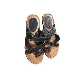 Minnetonka Womens Black Leather Strappy Toe Loop Slide Sandals 7310 Size 8